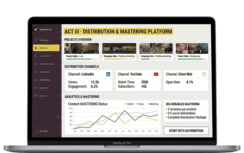 MacBook with Mondha Media social media dashboard and distribution reporting