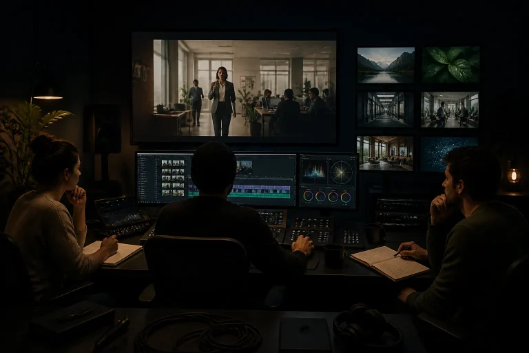 montagekamer met groot scherm waarop een bedrijfsfilm speelt en teamleden die meekijken en overleggen