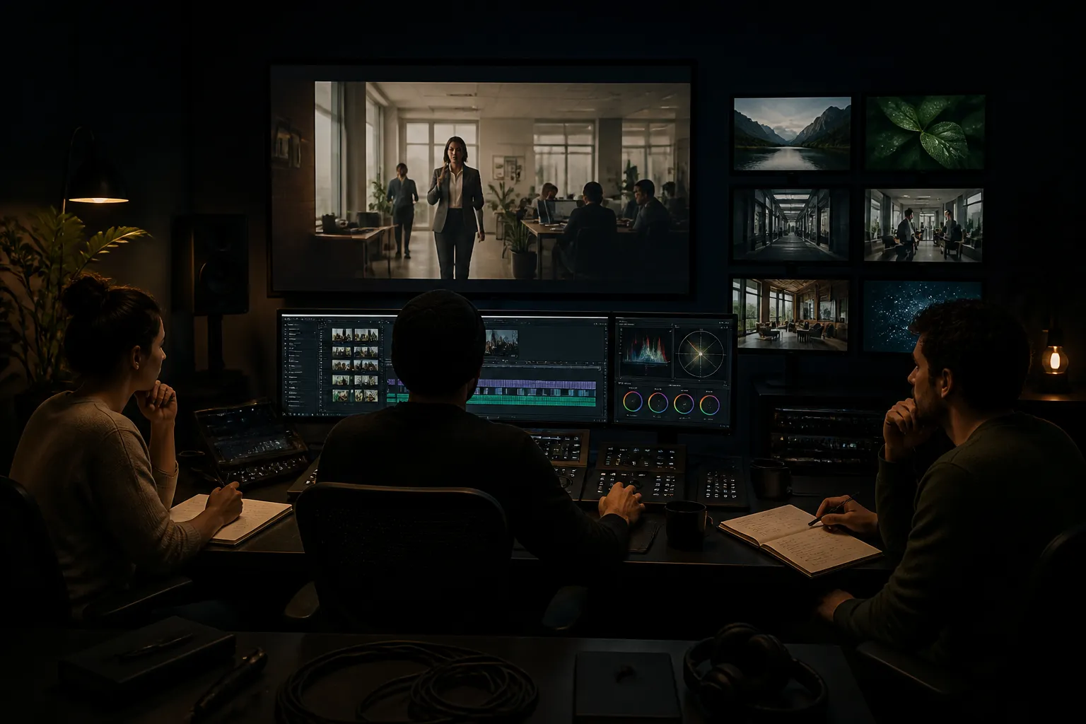 montagekamer met groot scherm waarop een bedrijfsfilm speelt en teamleden die meekijken en overleggen
