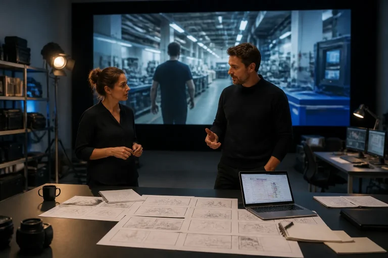 montagekamer met groot scherm waarop een bedrijfsfilm speelt en twee makers die de productie bespreken