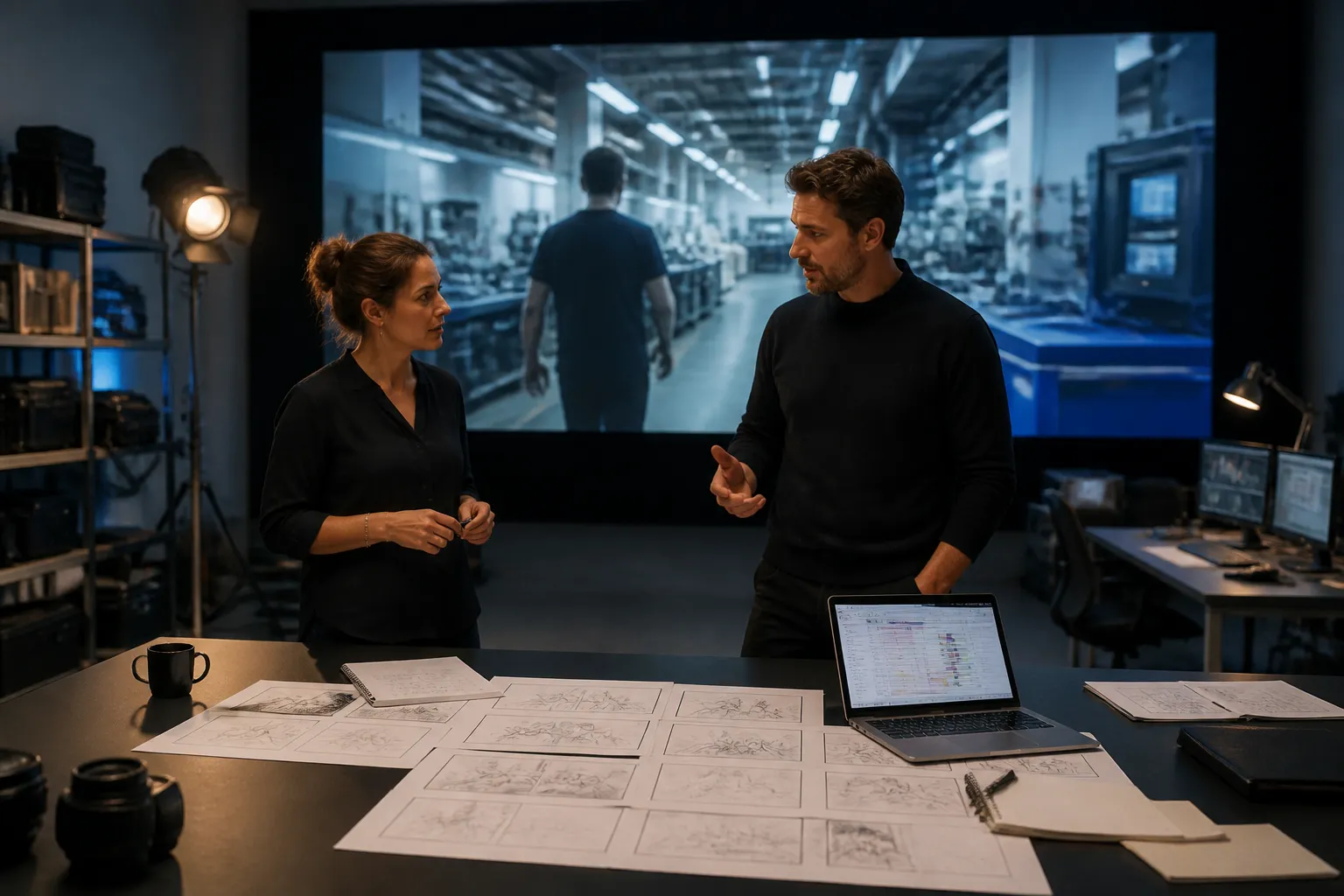 montagekamer met groot scherm waarop een bedrijfsfilm speelt en twee makers die de productie bespreken