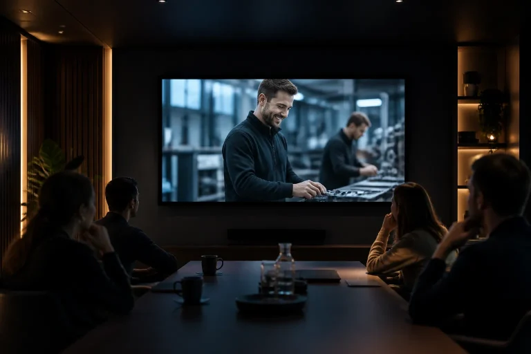 montagekamer met groot scherm waarop een bedrijfsfilm draait en collega’s die samen meekijken