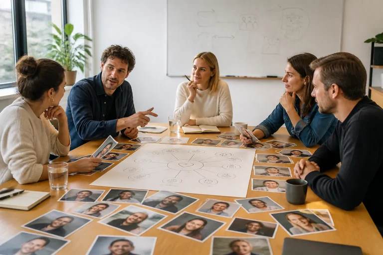 collega’s rond een vergadertafel vol portretfoto’s en centraal een merkverhaal-schema