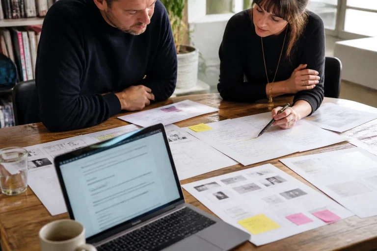 klant en copywriter bespreken geprinte webpagina-wires en gemarkeerde webteksten aan een grote tafel