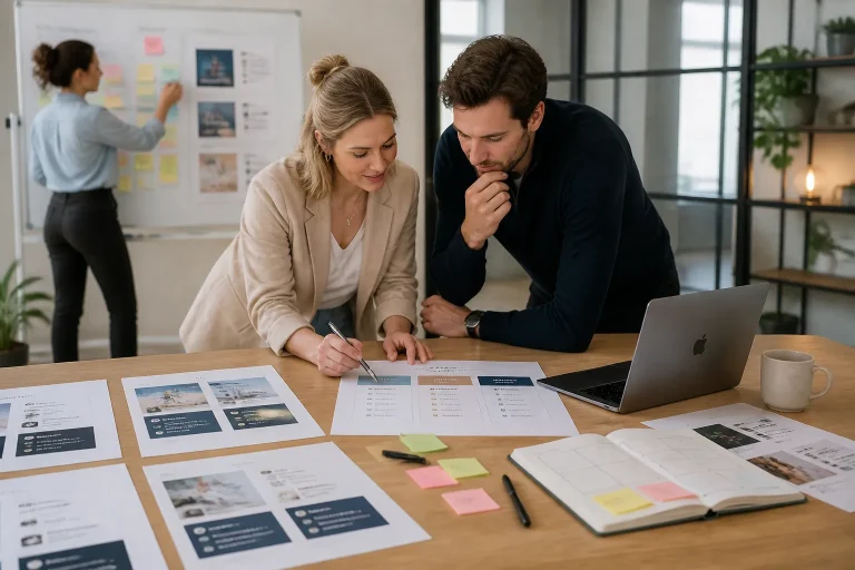twee marketeers boven houten tafel met geprinte linkedin-posts en laptop in lichte kantoorruimte
