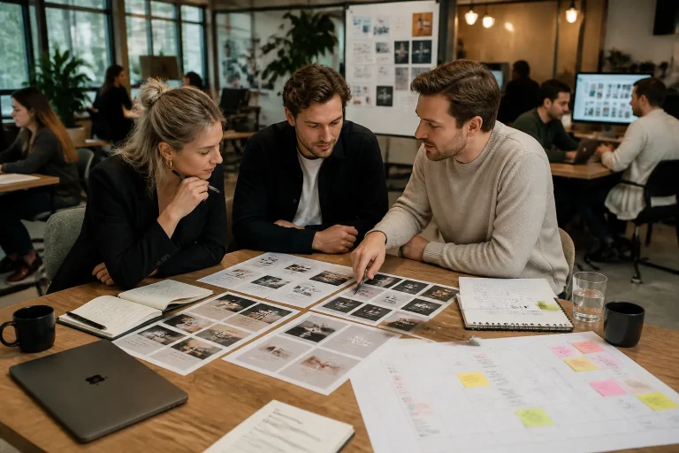 twee mensen vergelijken geprinte linkedin-posts en contentplanningen op een houten tafel in een open kantoor