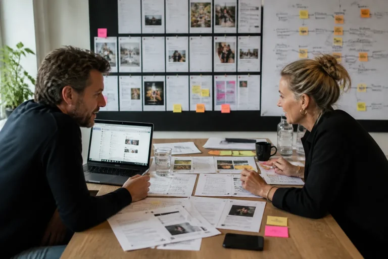 ondernemer bespreekt met contentstrateeg een tafel vol geprinte linkedin-posts, laptop en contentplanning
