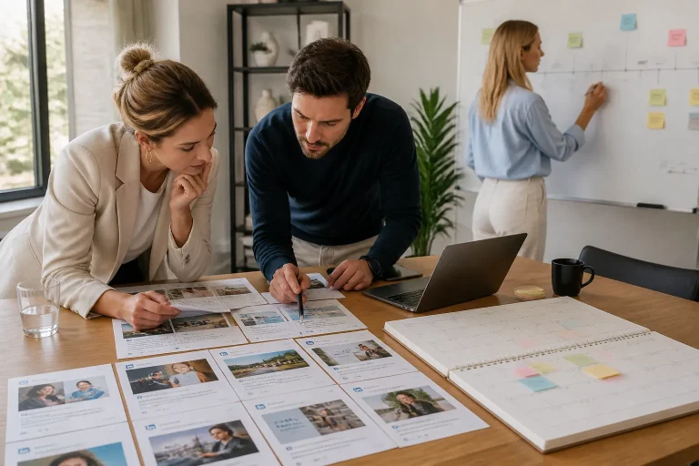 twee mensen overleggen bij houten tafel met geprinte linkedin-posts, laptop en contentplanning in kantoor