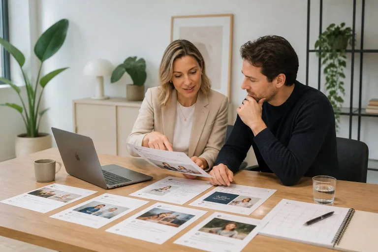 twee professionals aan houten tafel met geprinte linkedin-posts, laptop en contentplanning in rustig kantoor