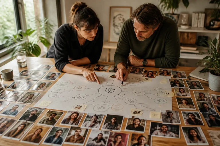 twee mensen bestuderen een merkverhaal-schema op een tafel vol portretfoto’s