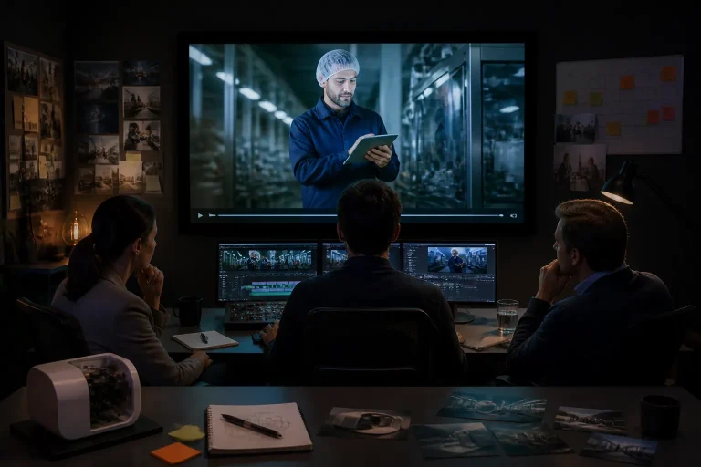 montagekamer waar een team naar een grote monitor met spelende bedrijfsfilm kijkt, omringd door notities en planning