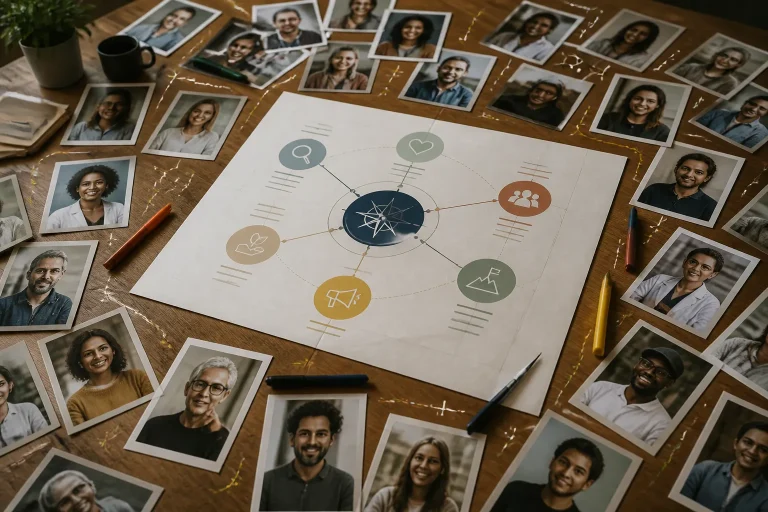 grote tafel met portretfoto’s en centraal merkverhaal-schema met routeachtige markeringen