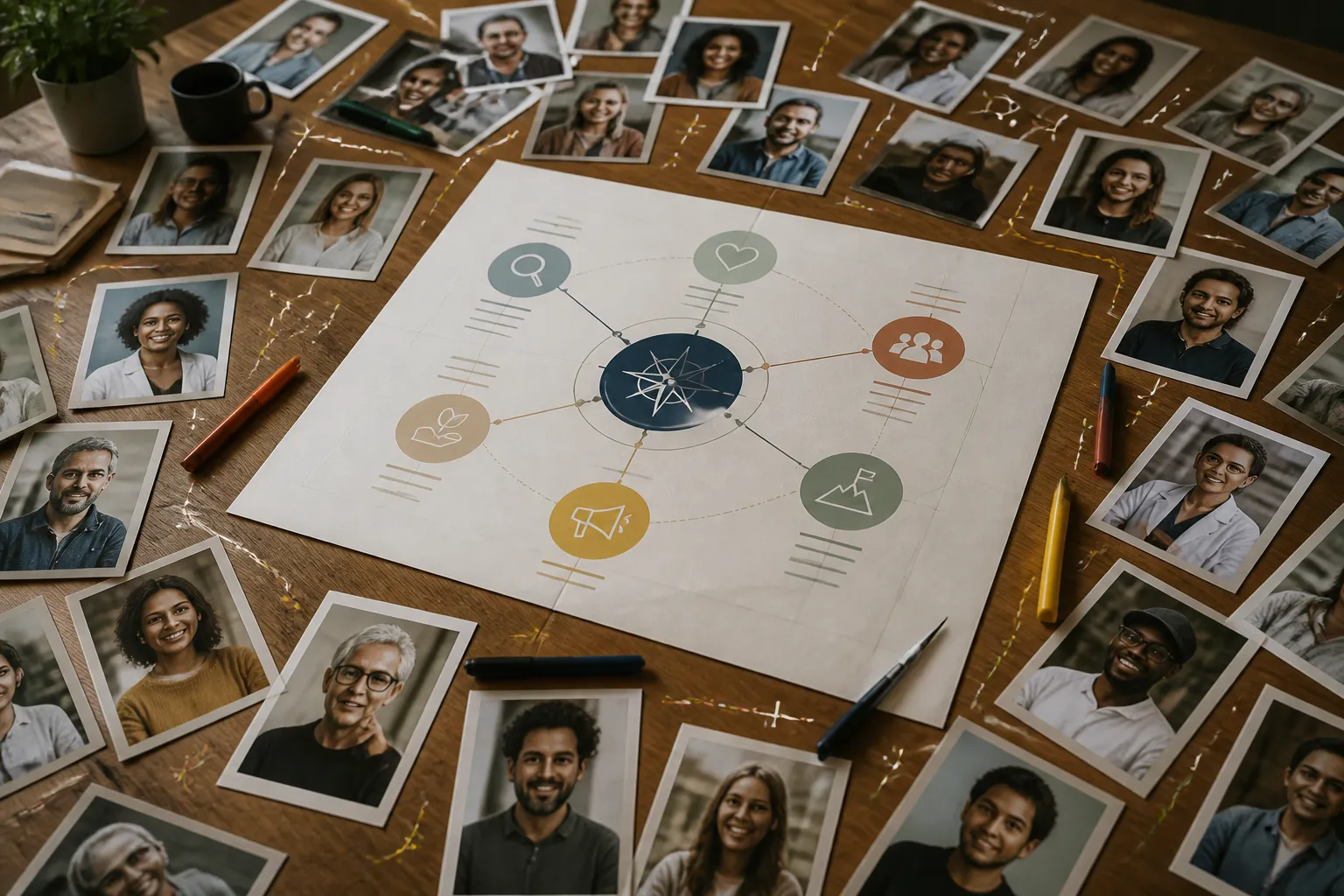grote tafel met portretfoto’s en centraal merkverhaal-schema met routeachtige markeringen