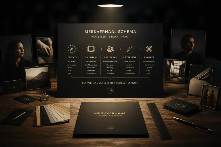 grote tafel met portretfoto’s en centraal merkverhaal-schema in luxe studio-opstelling