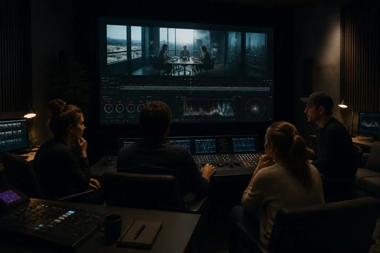 montageteam in donkere editruimte dat een bedrijfsfilm op groot scherm bekijkt