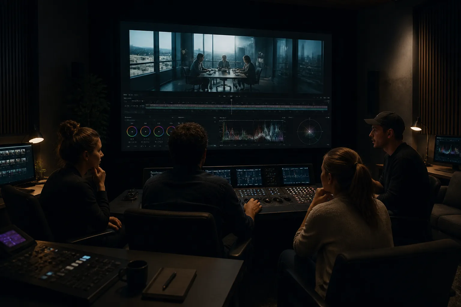 montageteam in donkere editruimte dat een bedrijfsfilm op groot scherm bekijkt