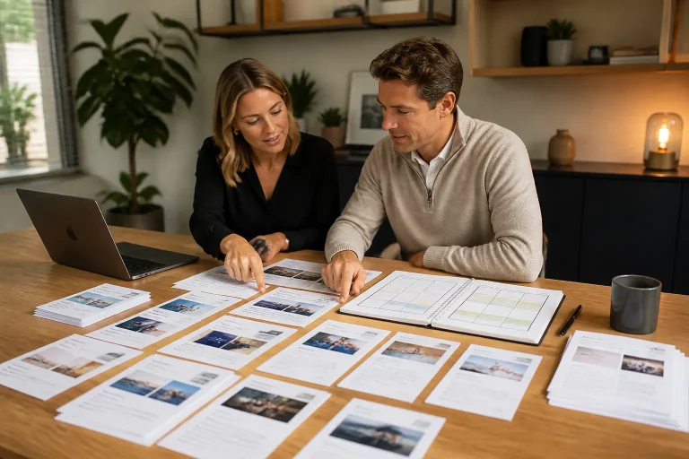 twee mensen bespreken geprinte linkedin-posts en contentplanning op houten tafel met laptop in licht kantoor
