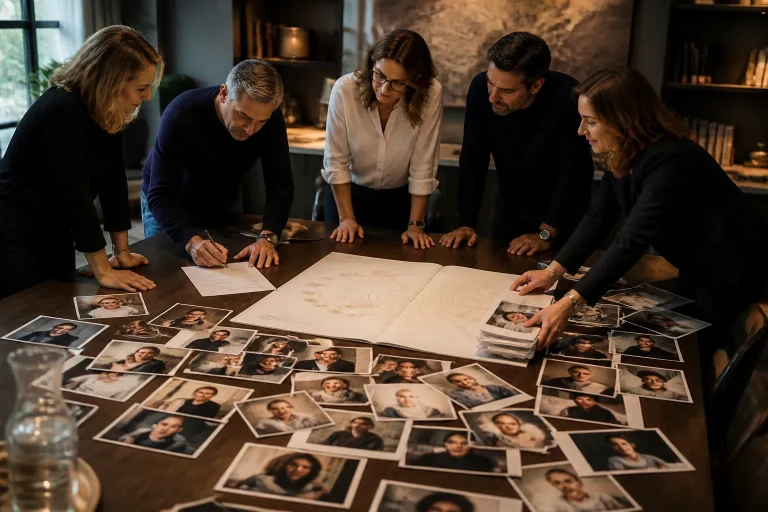 beslissers rond tafel met portretfoto’s en merkverhaal-schema terwijl iemand het project bevestigt