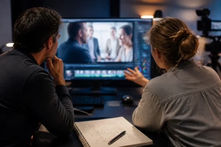 regisseur en marketeer bespreken een bedrijfsfilm in een montagekamer met groot scherm