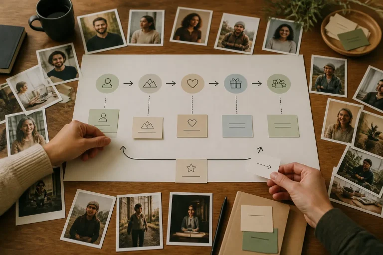 handen rangschikken portretfoto’s en merkverhaal-schema op grote tafel in stappen