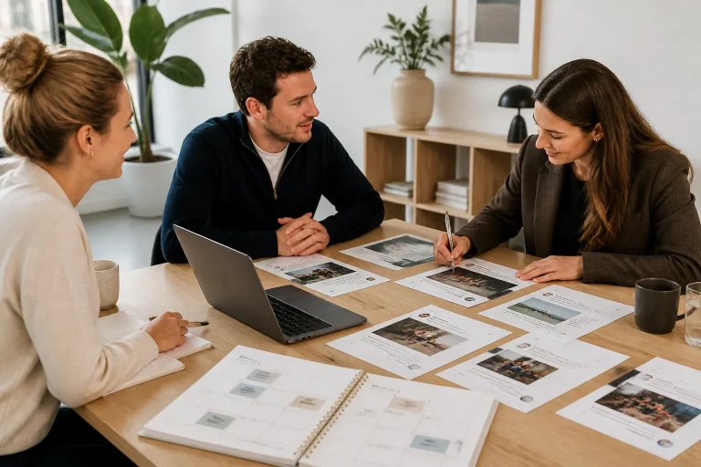 team aan houten tafel met geprinte linkedin-posts, laptop en contentplanning in bespreking