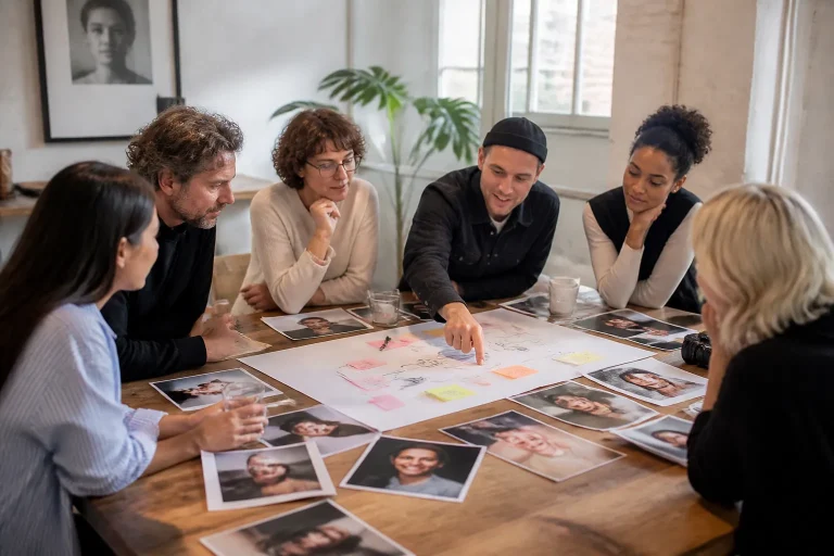 divers team rond tafel bekijkt portretfoto’s en schetst samen een merkverhaal