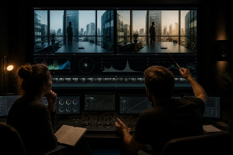 montagekamer met groot scherm waarop twee versies van een bedrijfsfilm worden vergeleken door twee personen