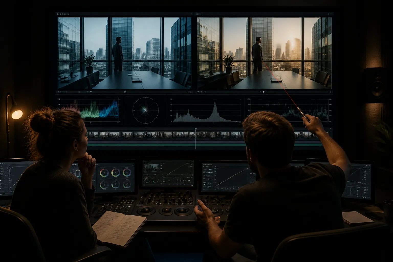 montagekamer met groot scherm waarop twee versies van een bedrijfsfilm worden vergeleken door twee personen