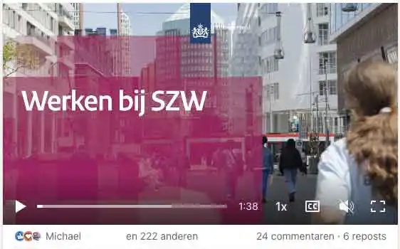 Een screenshot van een LinkedIn-video met de titel 'Werken bij SZW' en het logo van de Rijksoverheid, tonend een stadsbeeld met voorbijgangers.