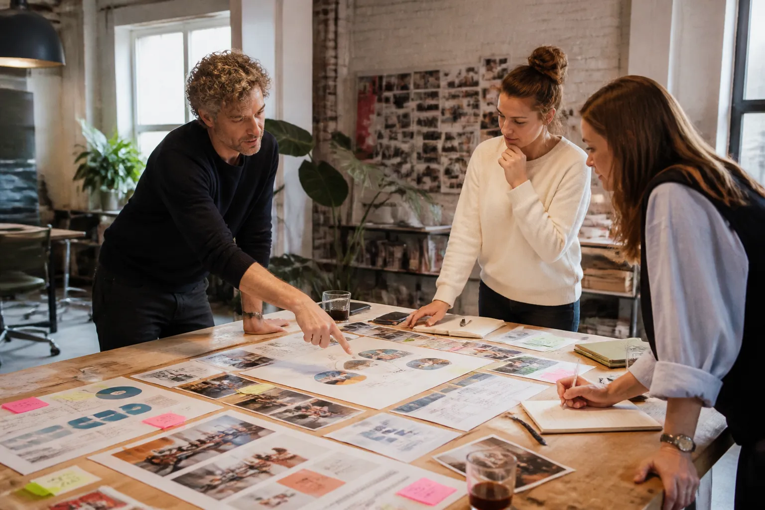 creatief team en hr bespreken werkgeversverhaal rond tafel vol employer branding-materialen