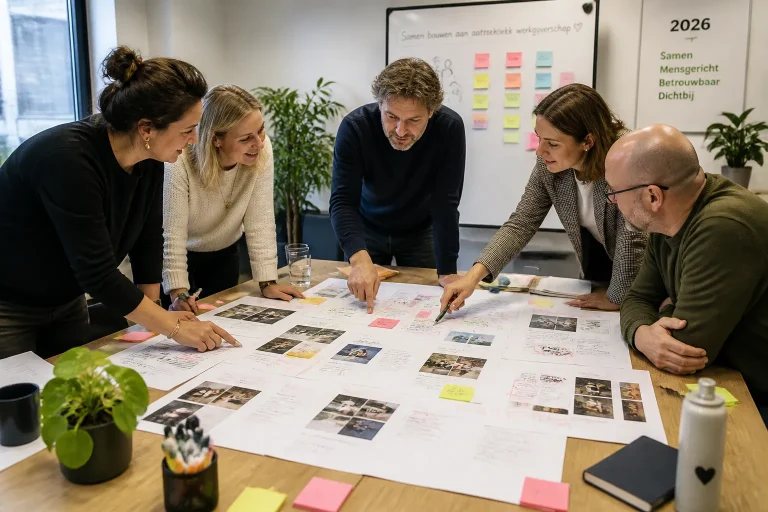team van gemeente en zorg buigt zich over een houten tafel vol geprinte webpagina-wires en gemarkeerde webteksten