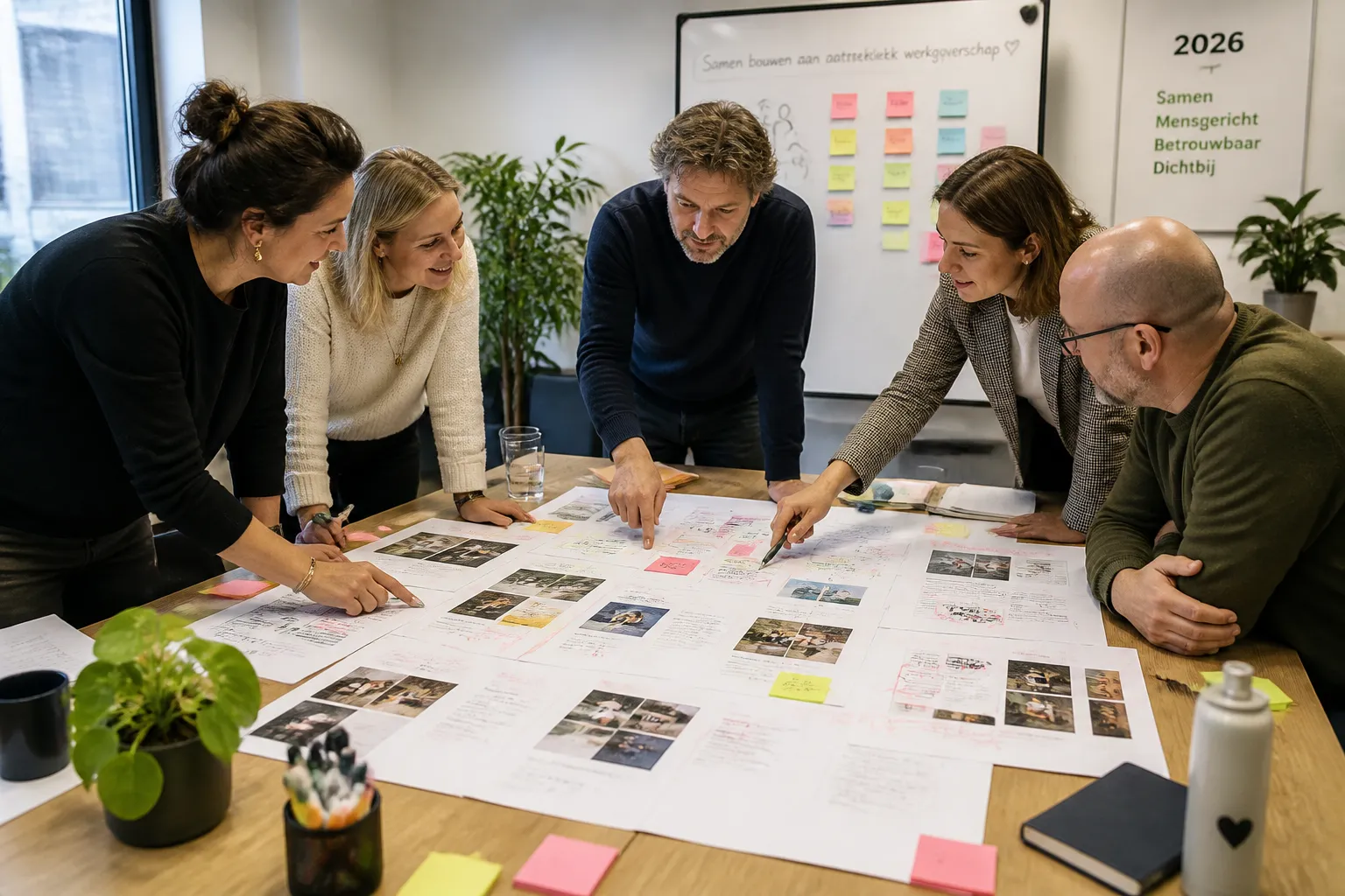 team van gemeente en zorg buigt zich over een houten tafel vol geprinte webpagina-wires en gemarkeerde webteksten