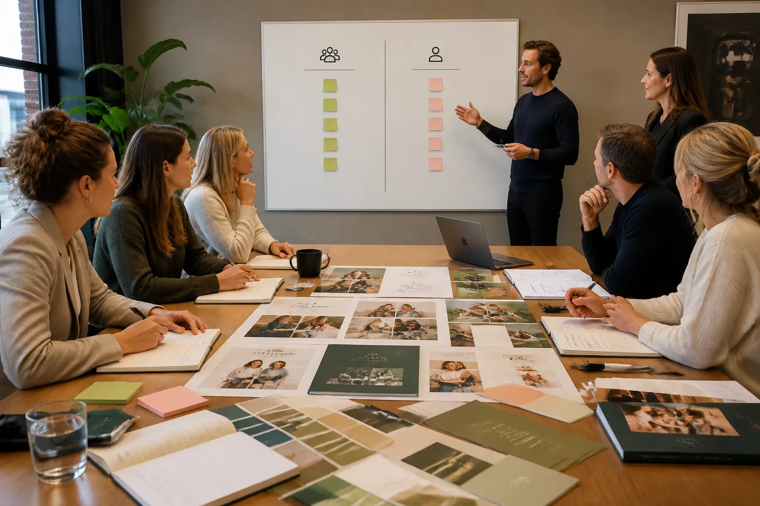 vergaderruimte waar intern team en consultants rond een grote tafel met employer-brandingmaterialen de opties vergelijken