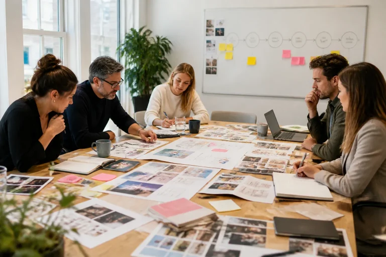 team rond grote tafel vol employer-brandingmaterialen werkt stap voor stap aan een plan