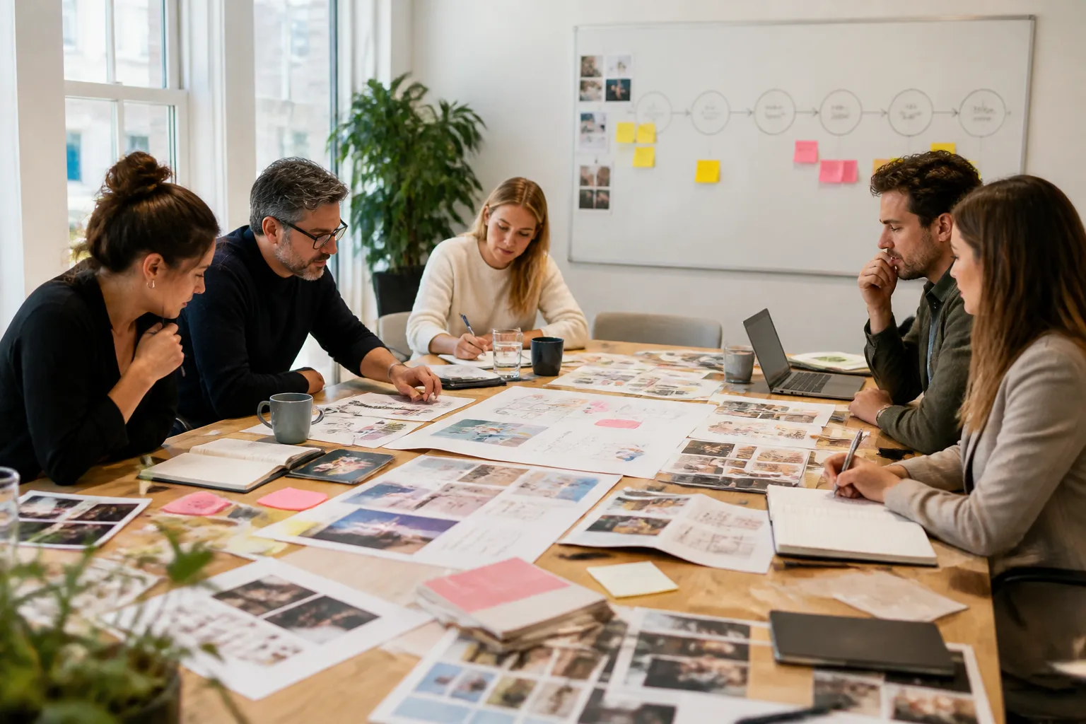 team rond grote tafel vol employer-brandingmaterialen werkt stap voor stap aan een plan