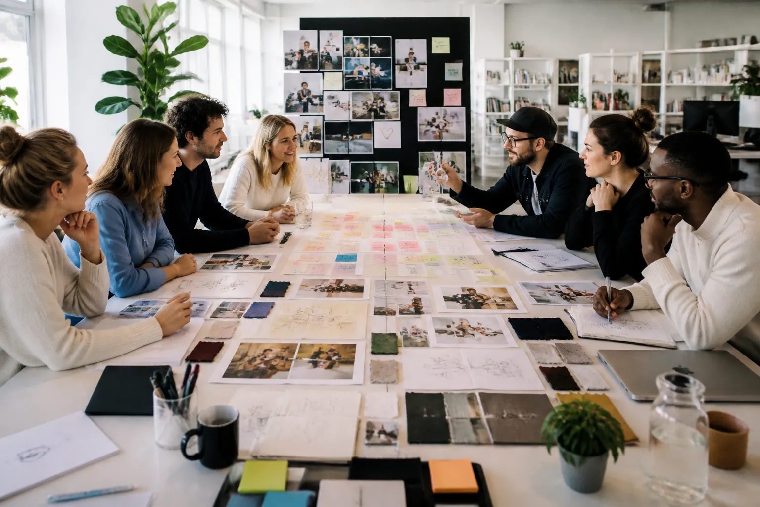 team van interne medewerkers en bureau rond grote tafel vol employer-brandingmaterialen in overleg