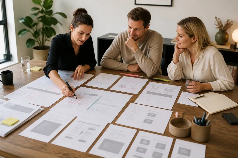 grote houten tafel met uitgeprinte wireframes en webteksten, drie mensen bespreken samen de inhoud