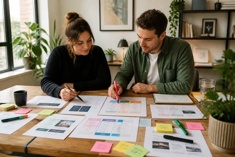 twee mensen aan grote houten tafel met geprinte webpagina-wires en gemarkeerde webteksten in een lichte kantoorruimte