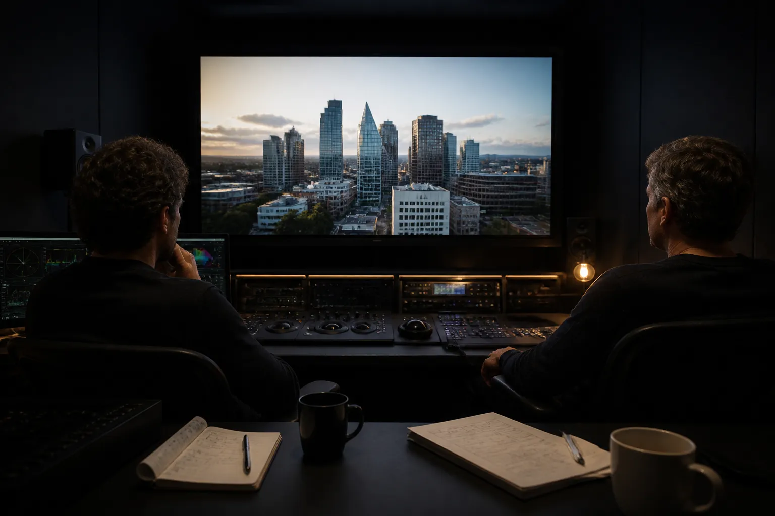 montagekamer waar twee mensen een bedrijfsfilm over de Haagse skyline op groot scherm beoordelen