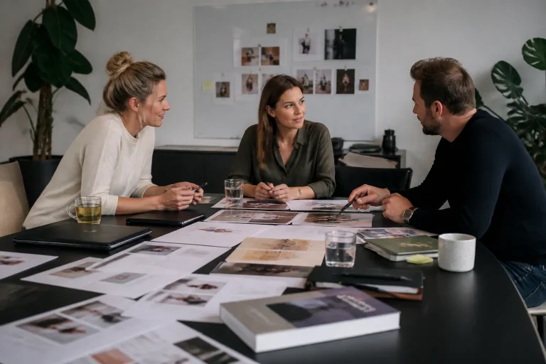 overleg tussen hr en specialisten rond grote tafel met employer-brandingmaterialen