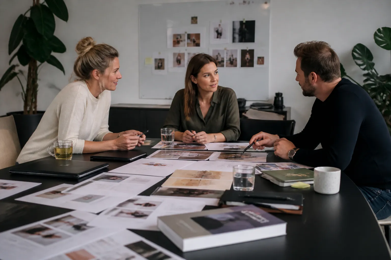 overleg tussen hr en specialisten rond grote tafel met employer-brandingmaterialen