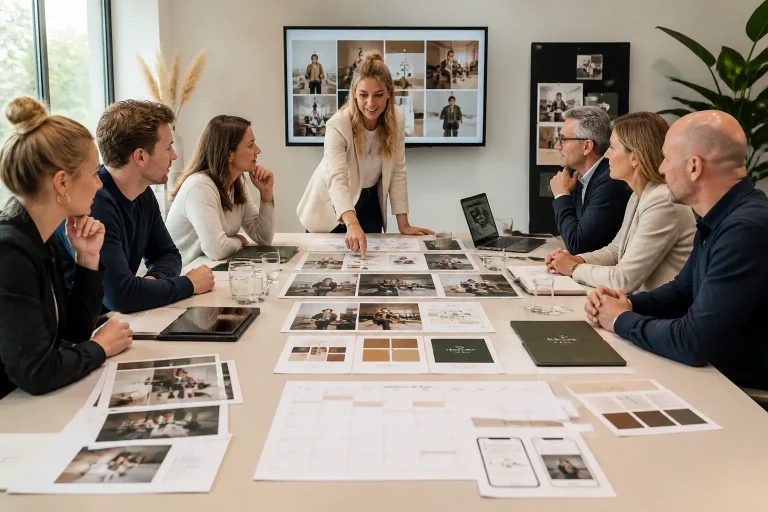 team en opdrachtgever bespreken verschillende employer-brandingpakketten rond een grote tafel vol materialen