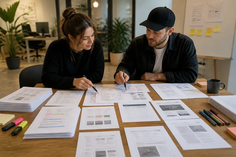 twee mensen vergelijken geprinte webpagina-wires en gemarkeerde webteksten op een grote houten tafel