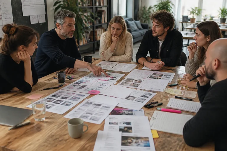 mensen rond een grote houten tafel vol geprinte webpagina-wires en gemarkeerde webteksten in overleg