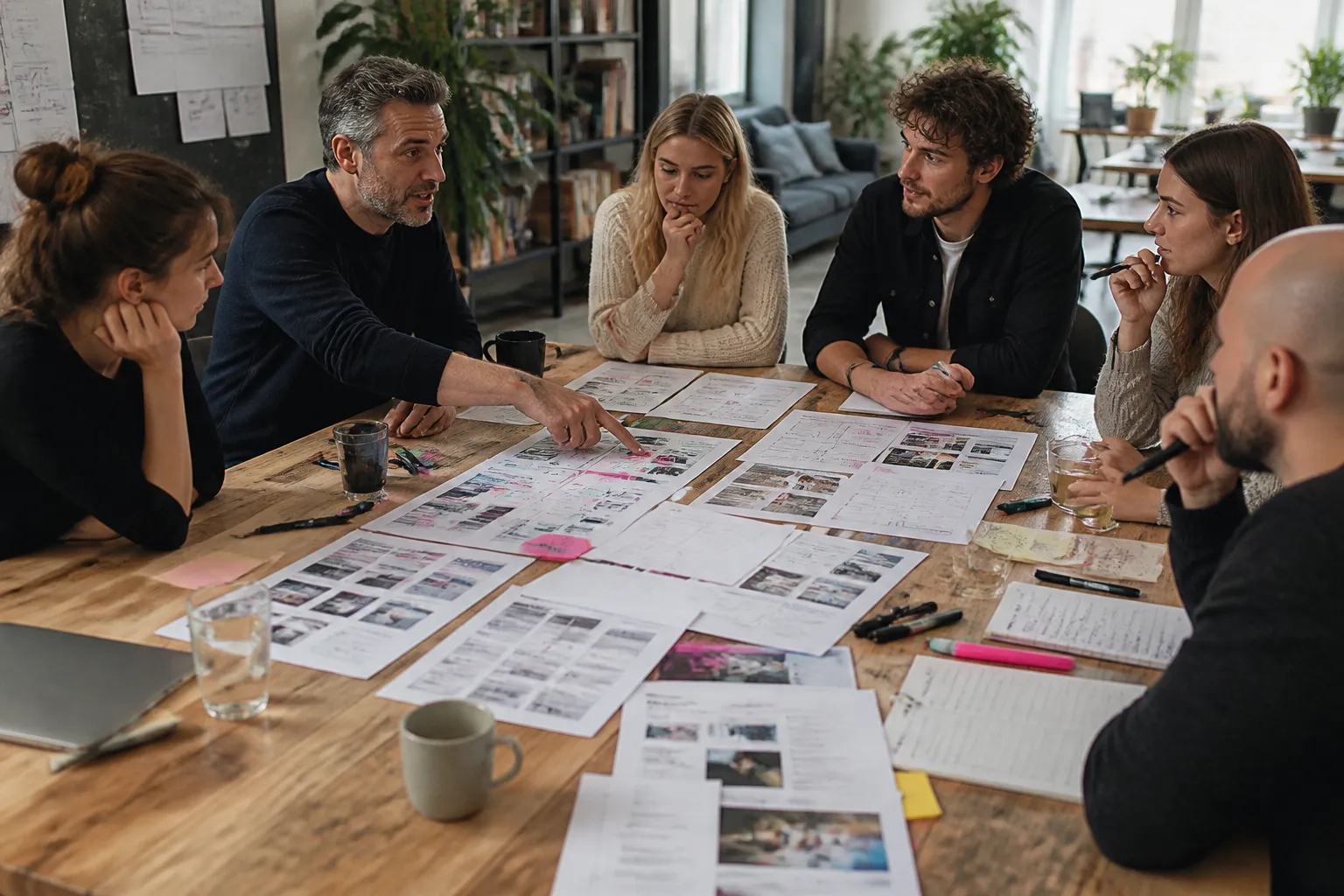 mensen rond een grote houten tafel vol geprinte webpagina-wires en gemarkeerde webteksten in overleg