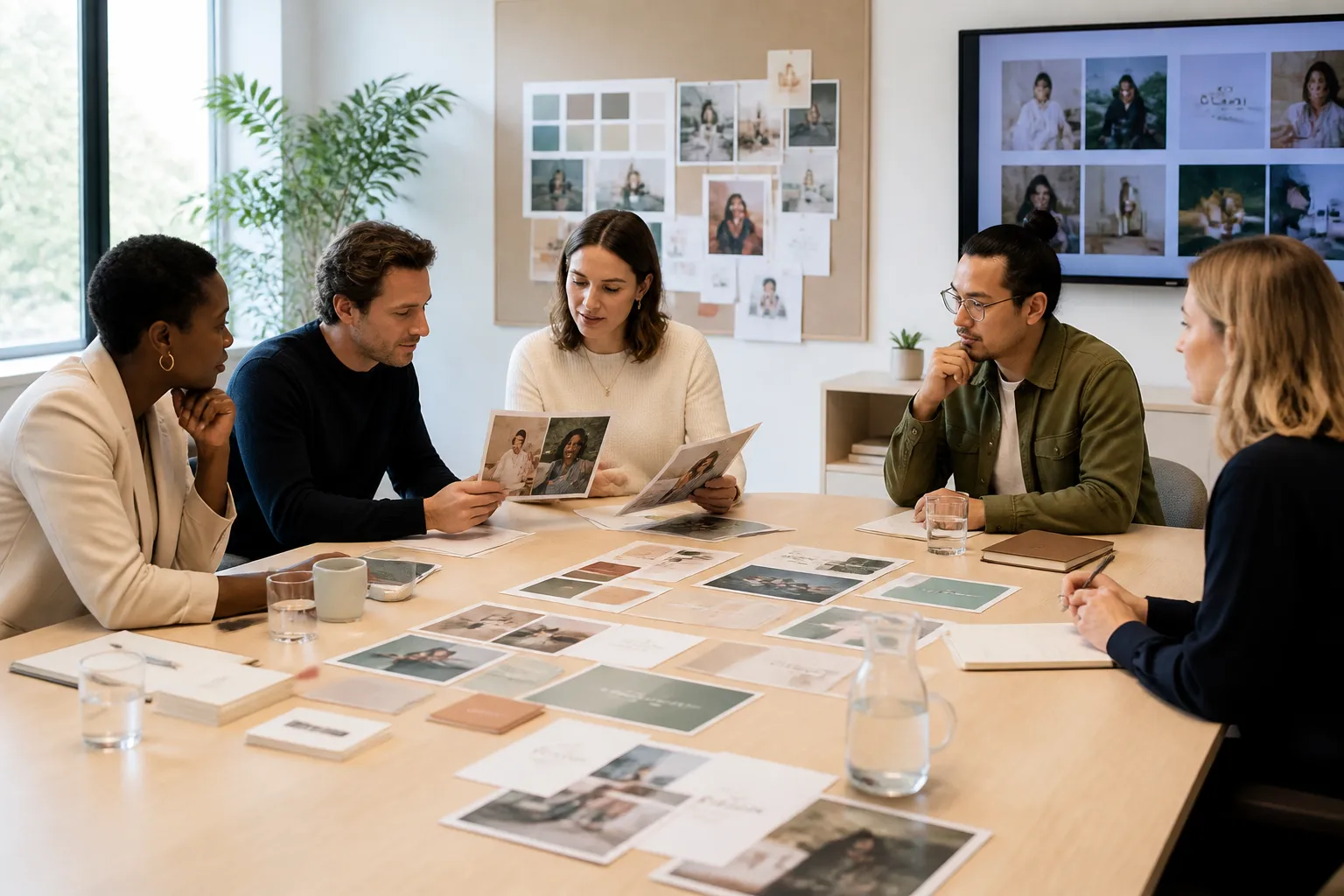 groep professionals rond een grote tafel vol employer-brandingmaterialen in overleg