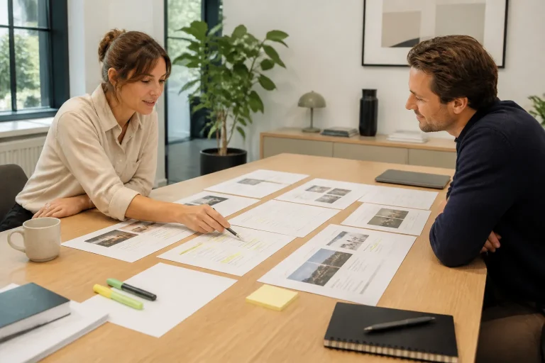 twee mensen bespreken geprinte webpagina-wires en gemarkeerde webteksten aan een grote houten tafel