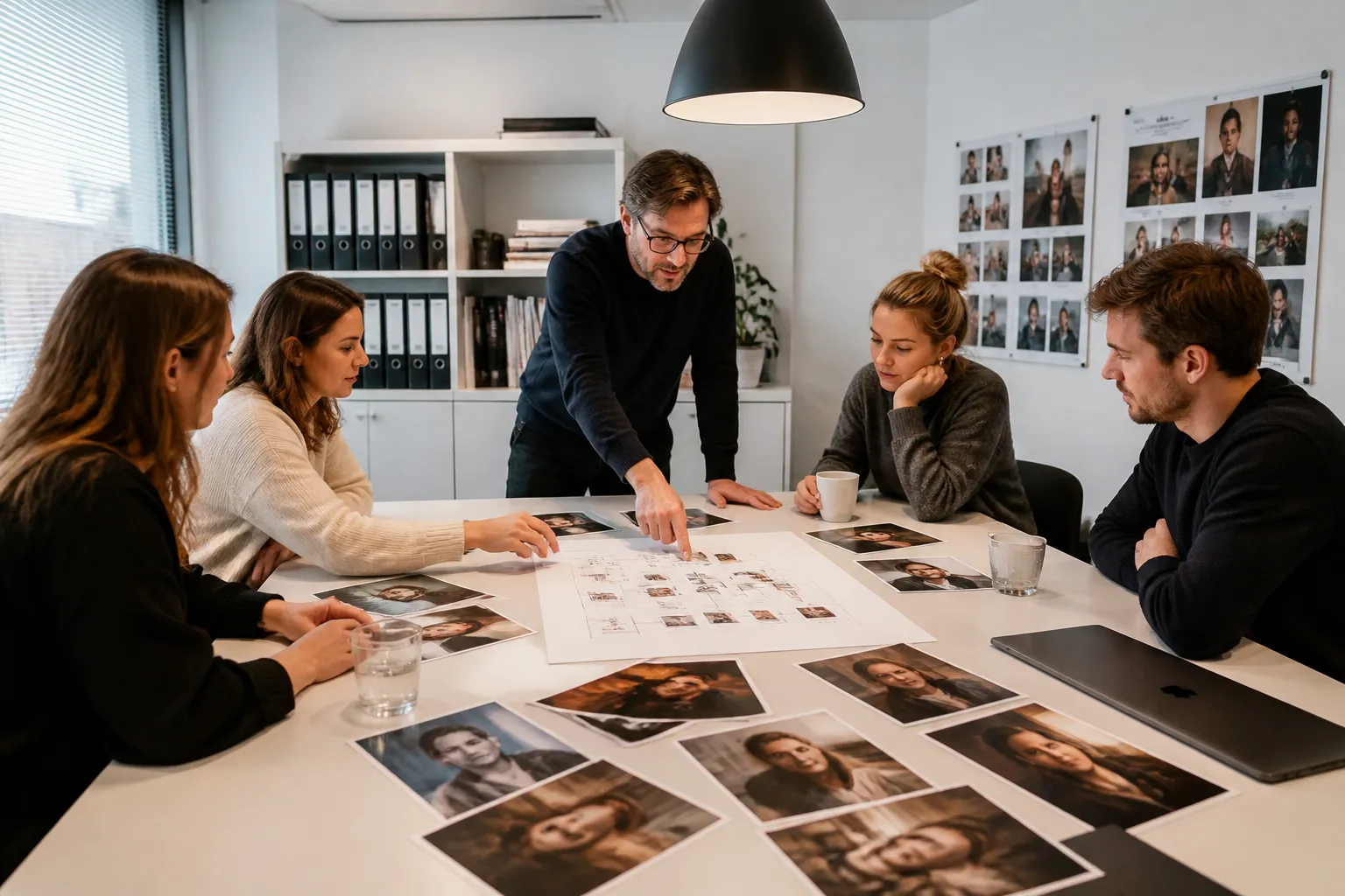 marketingteam rond een tafel met portretfoto’s en een groot merkverhaal-schema tijdens bureauselectie
